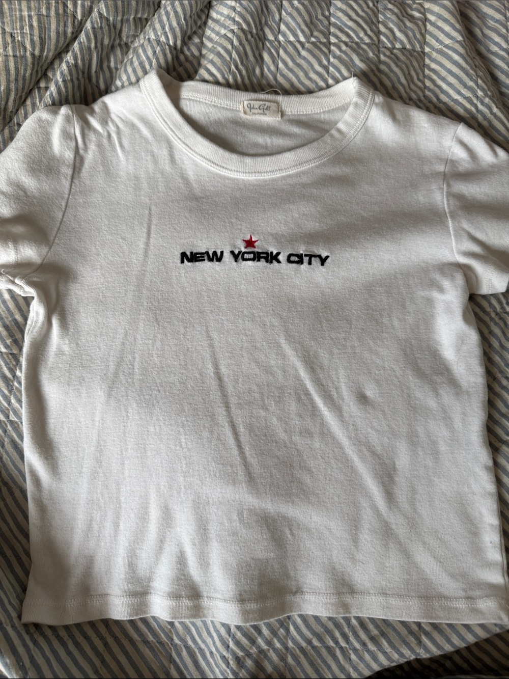 Brandy Melville White Tee with Black "New York City" Embroidery and Red Star.